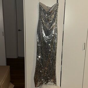 Sculpty Strapless Sequin Dress in Satellite Silver